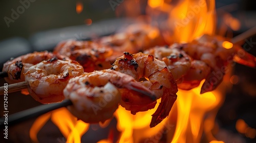 Closeup of Succulent Grilled Shrimp Skewers Sizzling