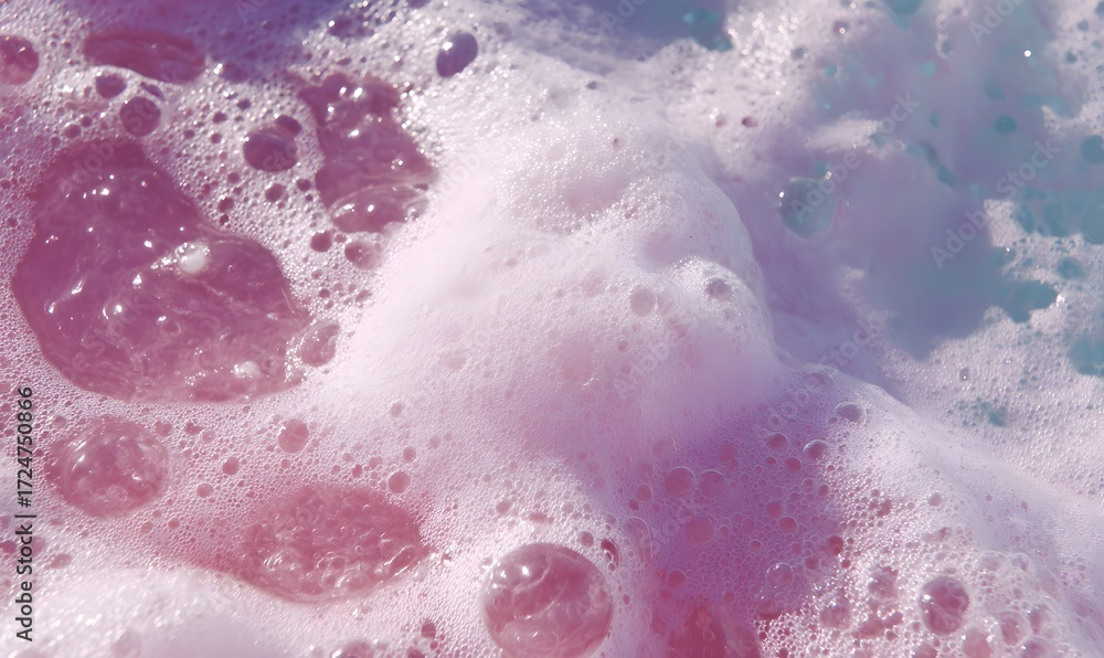 Fototapeta premium over the head shot, looking down into a pool of foamy pink bubble filled water