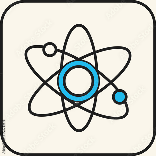 Atom icon with electrons orbiting a nucleus on a beige background.