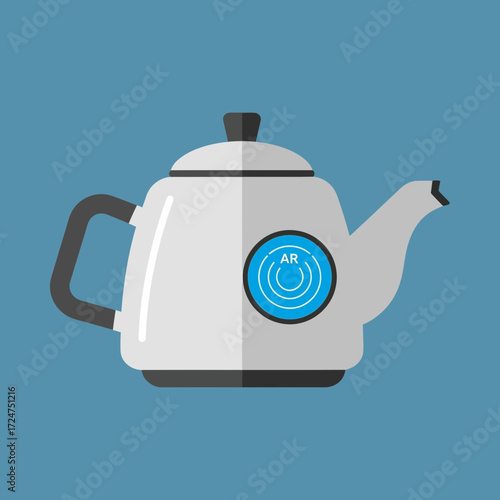Illustration of a silver teapot with an augmented reality symbol on its side.