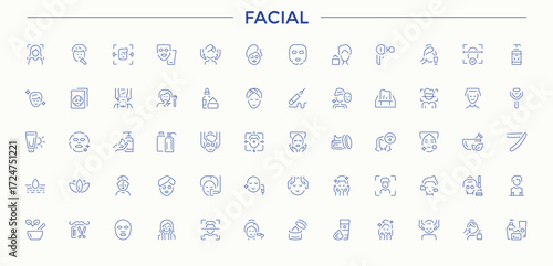 Facial icon set. Minimalist icons collection. Editable vector art and illustration. Beauty related icon set. Includes thin line symbols skincare, skin, wrinkle, face, treatment, spa and more.