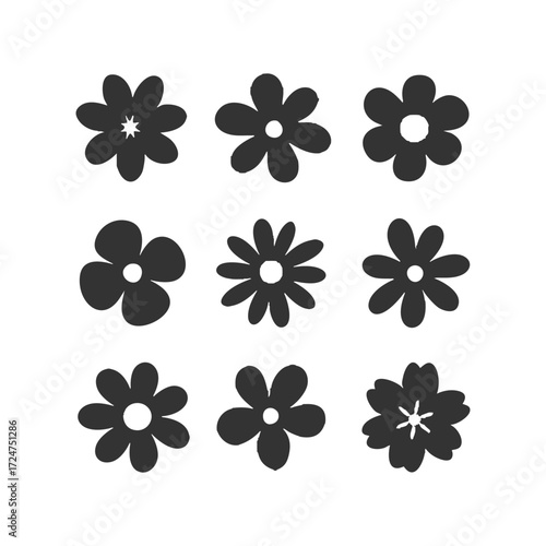 Collection of colorful flower elements vector. Simple cute round flower head in various shapes. Abstract botanical spring blossom art. Organic petal floral design. Flower icon set.