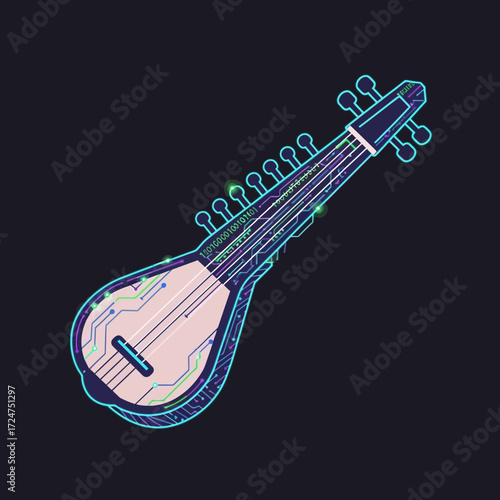 Stylized illustration of a stringed instrument with a futuristic, circuit board design.