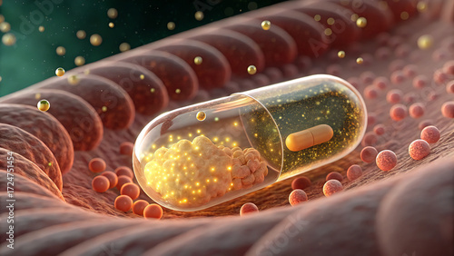 A microscopic view of the gut cells absorbing nutrients, small fluorescent molecules of vitamins and energy flowing into the cells, creating a sense of dynamic movement and flow.