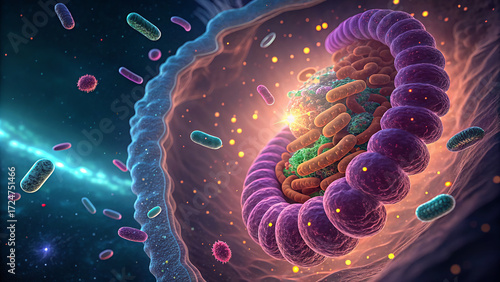 The gut wall is like a city of the future, with glowing bacteria serving as buildings. A stream of high-speed vitamin molecules flows through the city like a digital expressway, 