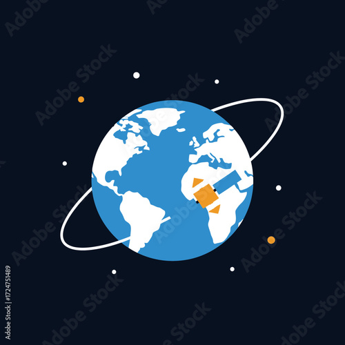 Illustration of the Earth with a satellite orbiting it against a dark blue background.