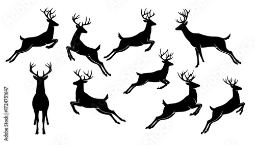 Energetic leaping deer silhouette icon in black with angular motion and curved antlers for nature conservation, wildlife, and outdoor themes
