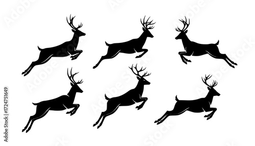 Energetic leaping deer silhouette icon in black with angular motion and curved antlers for nature conservation, wildlife, and outdoor themes
