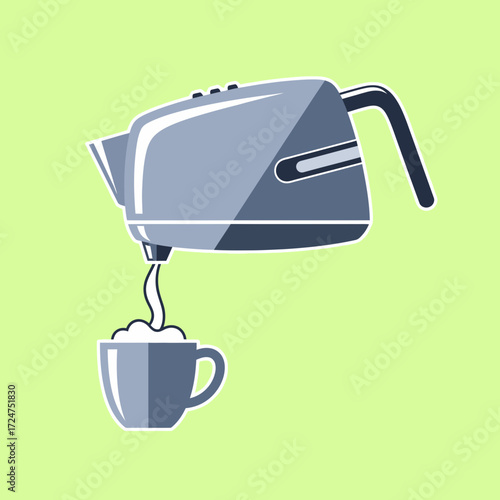 Illustration of a kettle pouring liquid into a cup.