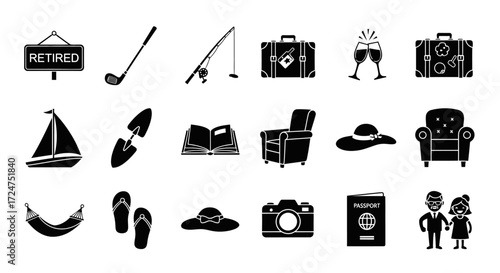 Leisurely Relaxed Retirement Party Black Vector Silhouette Set Celebration Icons