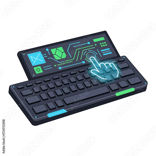 Futuristic keyboard with touch screen and hand illustration.