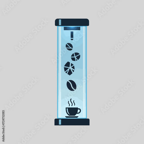 Futuristic coffee machine with beans and cup illustration.