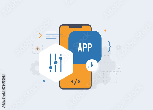 Mobile app setup process with smartphone application builder tools. Mobile app development, creating and configuring. How to download application and install for smartphone device vector illustration