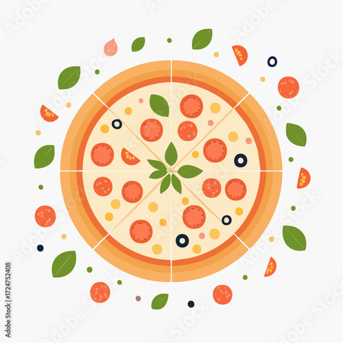 A flat illustration of a delicious pizza with toppings and fresh basil leaves, ready to eat.