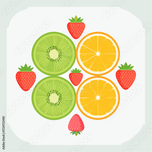 Vibrant arrangement of sliced kiwi, orange, and strawberries.