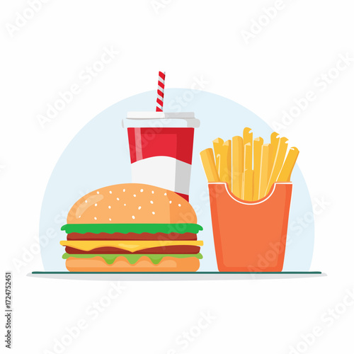 A cartoon illustration of a burger, fries in a container, and a soda cup with a straw, arranged together on a surface.