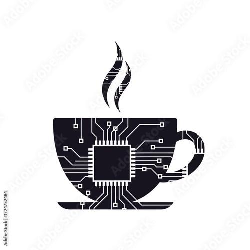 Coffee cup silhouette with circuit board design, representing technology and caffeine.