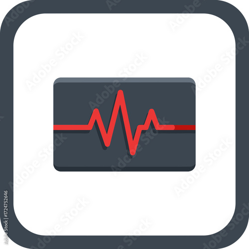 Icon of a red heartbeat line on a gray rectangle, inside a rounded square.