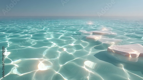 Crystal Clear Turquoise Ocean Water with Reflected Sunlight and Rocky Outcrops
