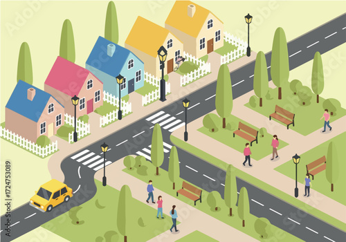 Isometric view of a quiet suburban neighborhood with colorful houses, a central park, streets, and people enjoying the community life