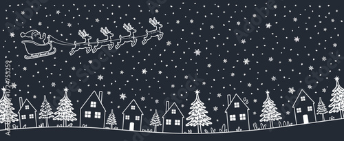 Christmas seamless border with Santa Claus riding sleigh across night sky. White silhouettes of houses, pine trees on dark blue winter background. Vector festive illustration design.