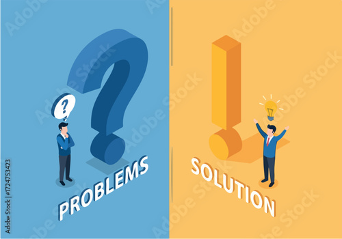 Business concept showing the transition from a problem, represented by a confused man, to a solution, with a man having a great idea