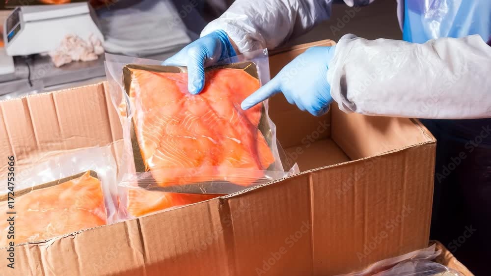 A worker shows fish before packaging at a fish processing plant Stock ...