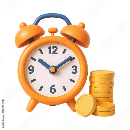 Colorful alarm clock with coins, symbolizing time and savings, evokes sense of financial