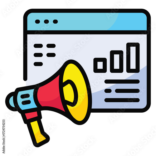 Red and yellow megaphone in front of a computer screen with graphs