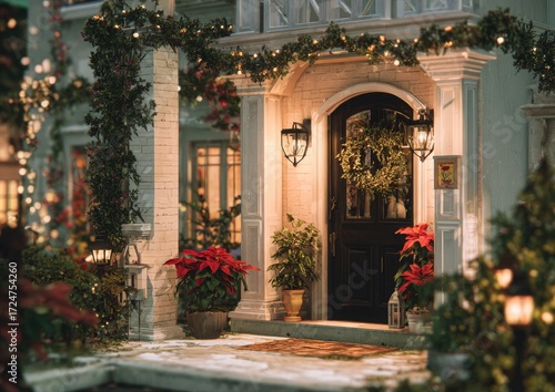 Wallpaper Mural Festive home entryway at night, adorned with Christmas garland and poinsettias Torontodigital.ca