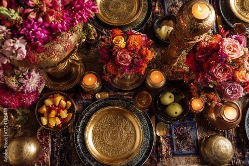 Wallpaper Mural Exquisite opulent dining setup with vibrant floral arrangements, golden accents, and warm candlelight creating an unforgettable luxurious ambiance for celebration. Torontodigital.ca