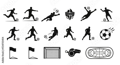 Essential Soccer Action Icons in a Clean Minimalist Vector Silhouette Collection