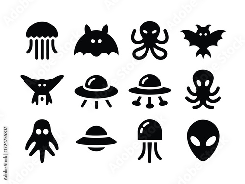 Set of 12 black silhouette icons of monsters aliens and ufos for vector graphics eps files vector