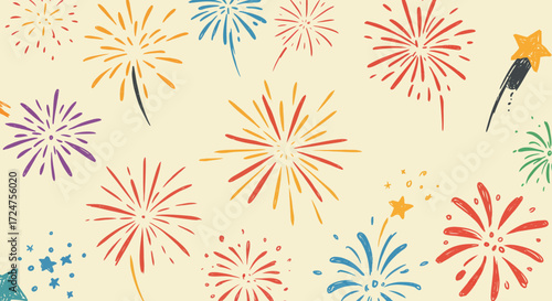Hand-Drawn Festive Fireworks Seamless Pattern for Celebrations and Holidays