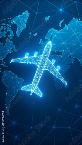 Global Flight Network: An illuminated aircraft model superimposed over a digital world map, representing interconnectedness and the vast scope of global transportation and communication. 