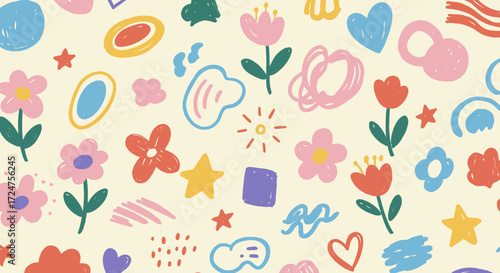 Wallpaper Mural Playful Doodle Pattern Featuring Flowers, Hearts, Stars and Abstract Shapes Torontodigital.ca