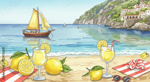 Refreshing Lemonade on the Amalfi Coast: A Watercolor Summer Escape Illustration