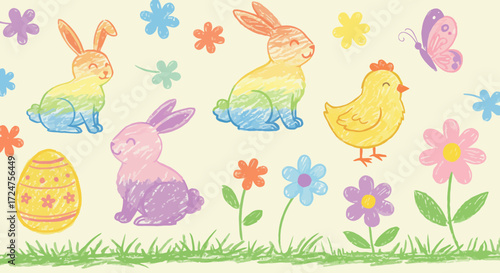 Vibrant easter doodles with bunnies, flowers, chicken, butterfly, egg, in crayon style