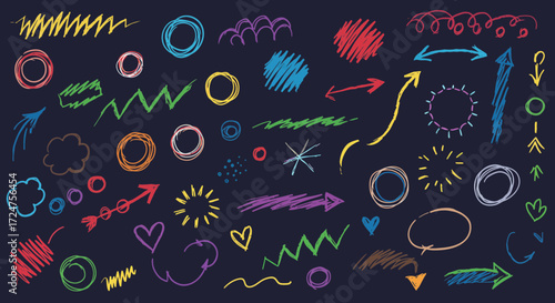 Vibrant Hand-Drawn Doodles and Scribbles on Dark Background for Creative Designs