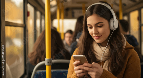 Young woman enjoying music and using smartphone on a bus during her commute