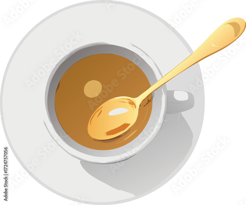 Top view of a golden spoon resting in a cup of coffee on a white saucer vector