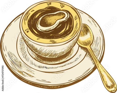 Vintage sketch style coffee cup with saucer and spoon on white background vector