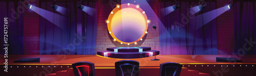 Vector art of talent show stage with spotlight and judges chairs