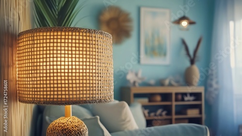 Rattan floor lamp with a textured woven shade creating a warm glow in a coastal inspired living room with light blue walls driftwood decor and sea themed accents