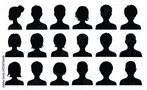 Set of 18 black silhouette head and shoulders profile vector icons for diverse human representations scalable eps vector