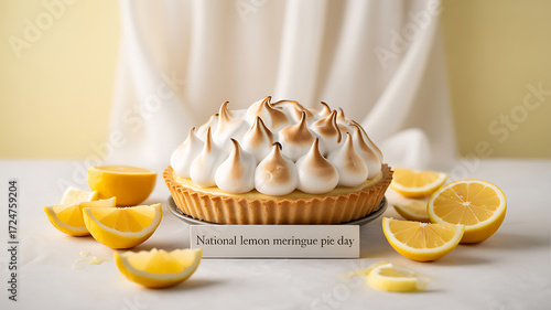 A lemon meringue pie with toasted meringue topping is displayed on a white surface, surrounded by lemon slices, with a soft yellow background and a sign reading 'National lemon meringue pie day'.