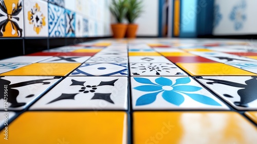 Hand-painted ceramic tiles with intricate details honor the artisan's craftsmanship in a traditional setting.