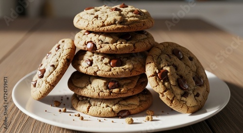 Delicious choco chip cookies in a white plate on wooden table