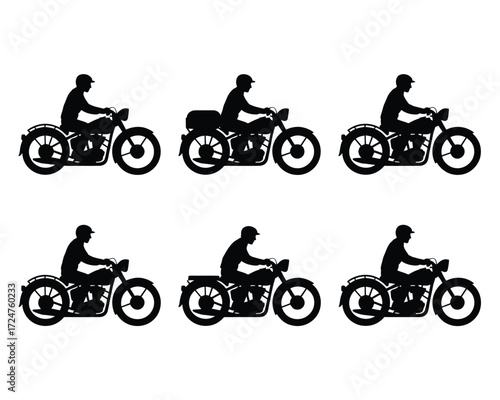 Set of six black silhouette illustrations of riders on motorcycles scalable vector graphics vector