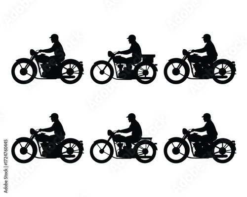 Set of six silhouette illustrations of motorcyclists on vintage bikes vector graphics eps vector